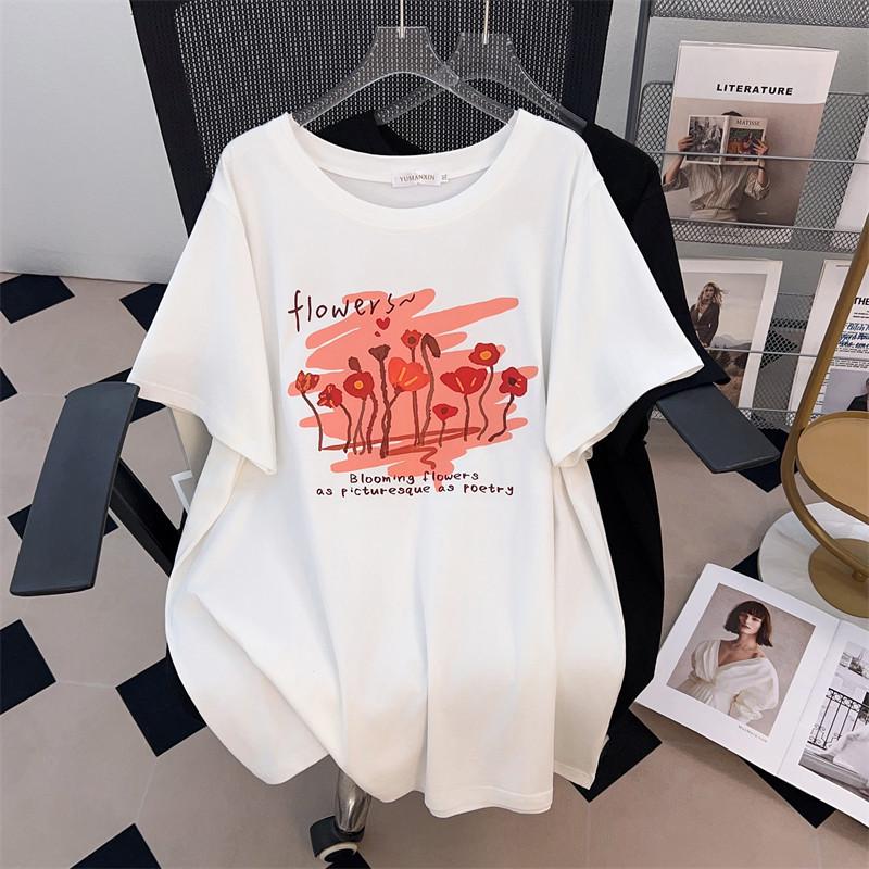 

Plus Size Loose Mid-Length Belly Covering Round Neck Short-Sleeve T-Shirt for Women in 200/300/350 Jin Size 2XL чорний