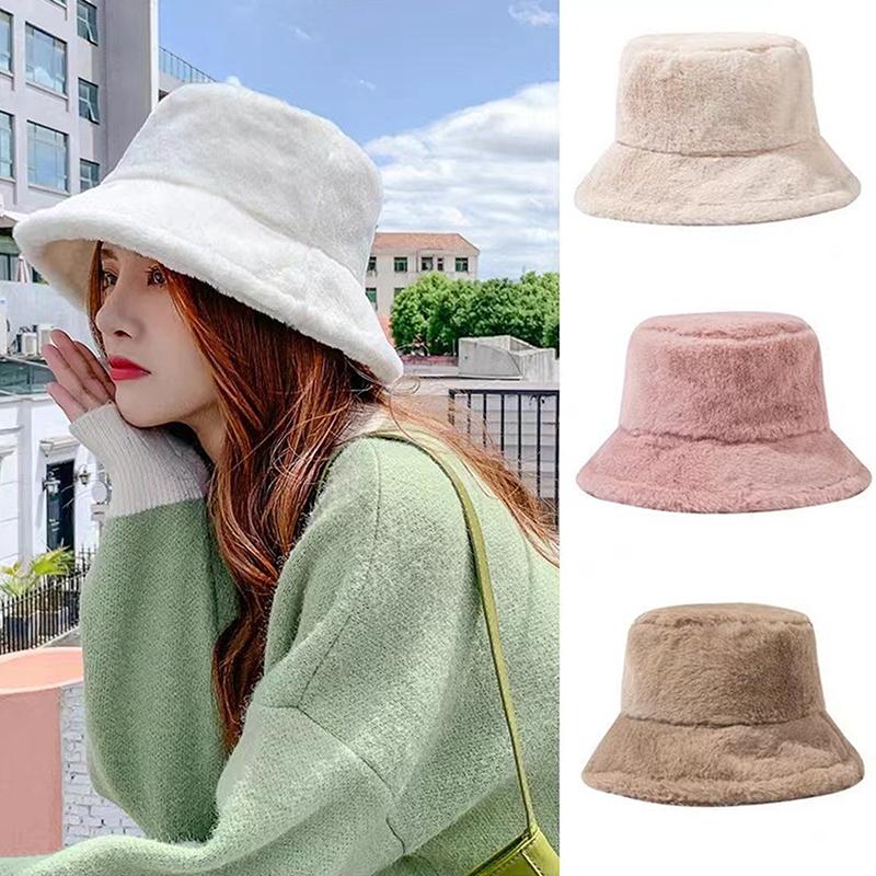Faux Fur Winter Bucket Hat For Women Solid Warm Female Cap Outdoor Sunscreen Sun Fisherman Hat Lady Cap