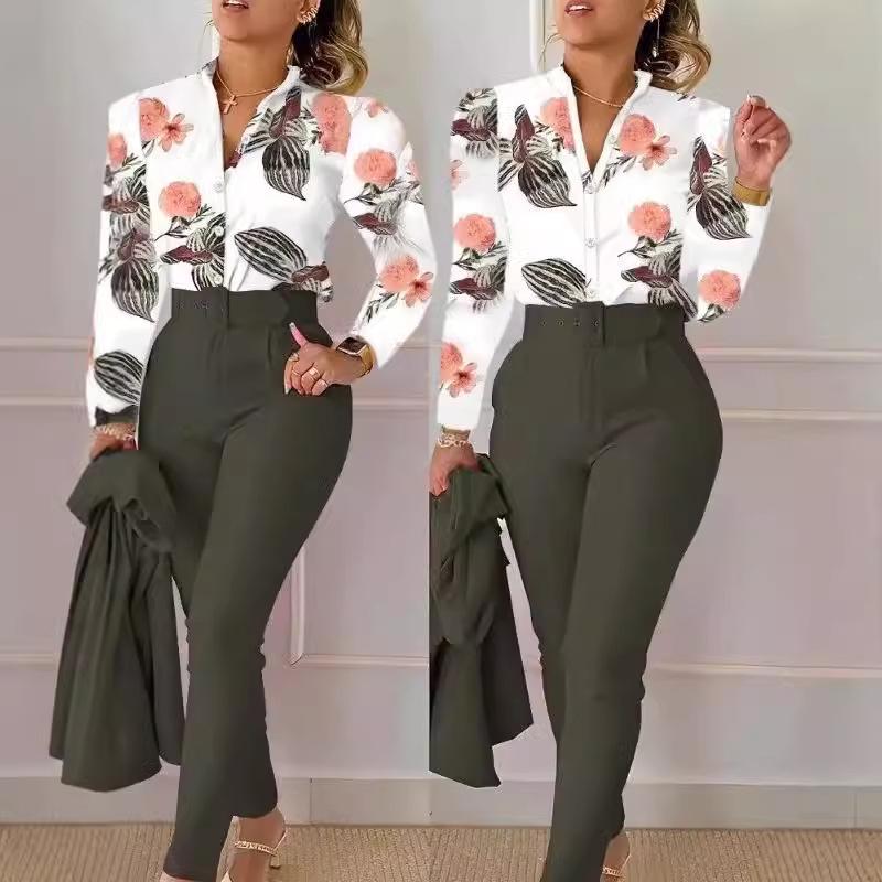 Printed Long-Sleeve Top & Solid Color Pants Suit with Belt