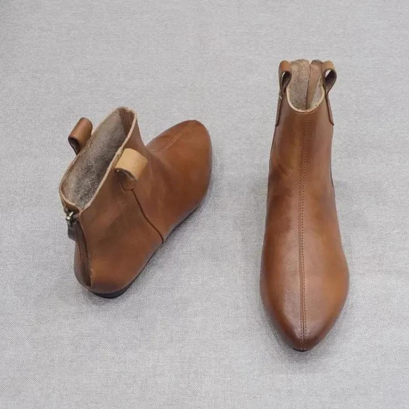 Women Boots Short Genuine Leather Pointed Toe Fashionable New Flat Bottom Back Zipper Short Boots for Women Fashion Casual