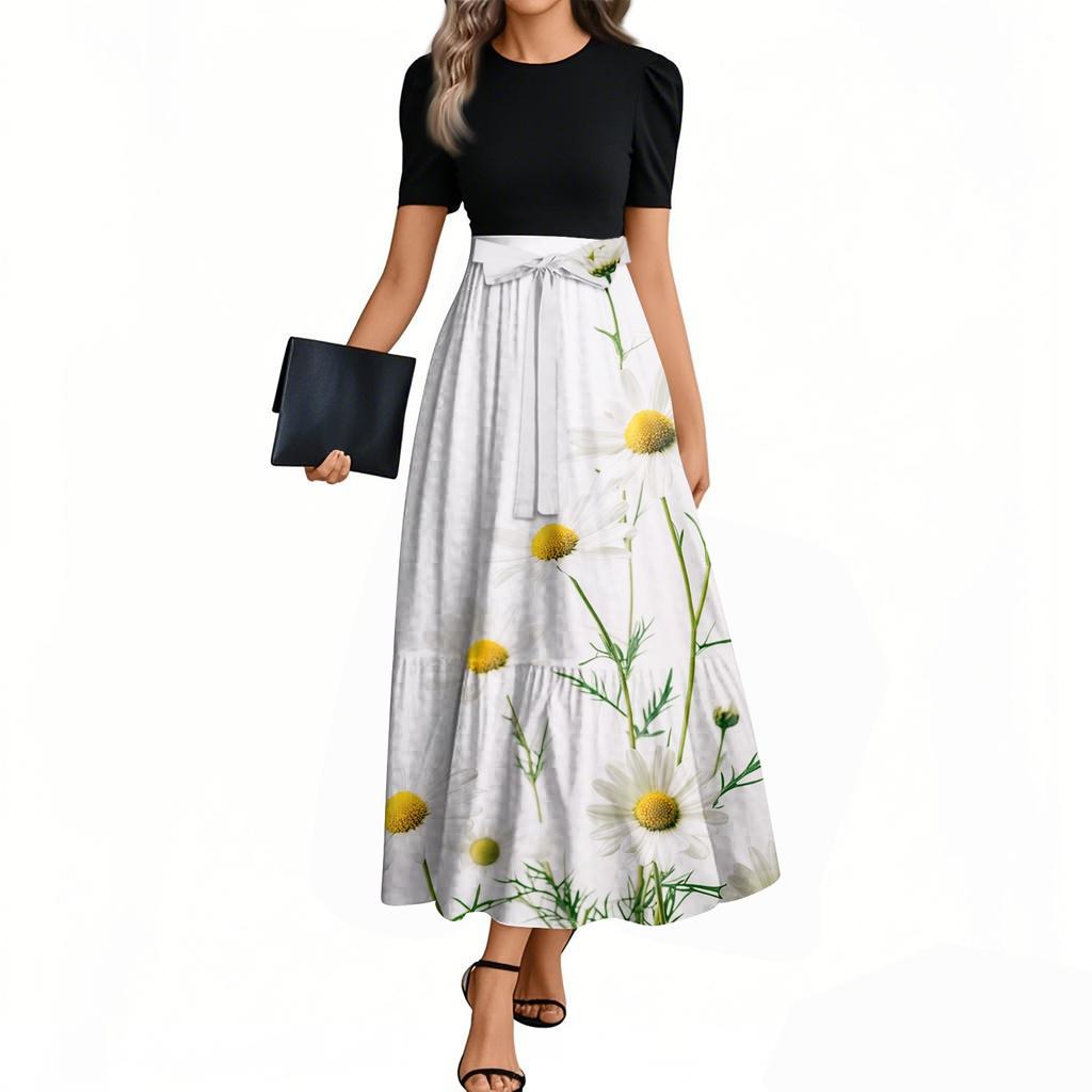 Damenmode Casual Gürtel Kurzarm Rundhals Blumennähte Elegantes Temperamentkleid