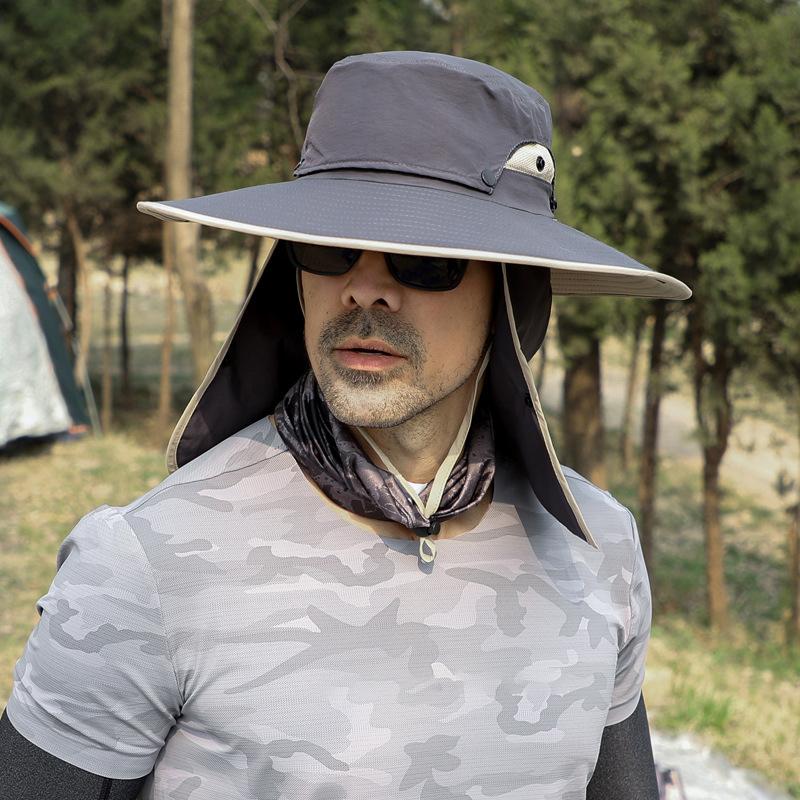 Mens Quick-Dry Fishing Bucket Hat with Detachable Neck Flap and Face Shield Large Brim Summer Sun Cap Removable Hat Top