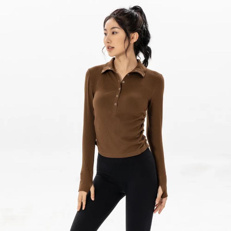 Women Ribbed Half Zip Ruched Side Thumbhole Long Sleeve Top