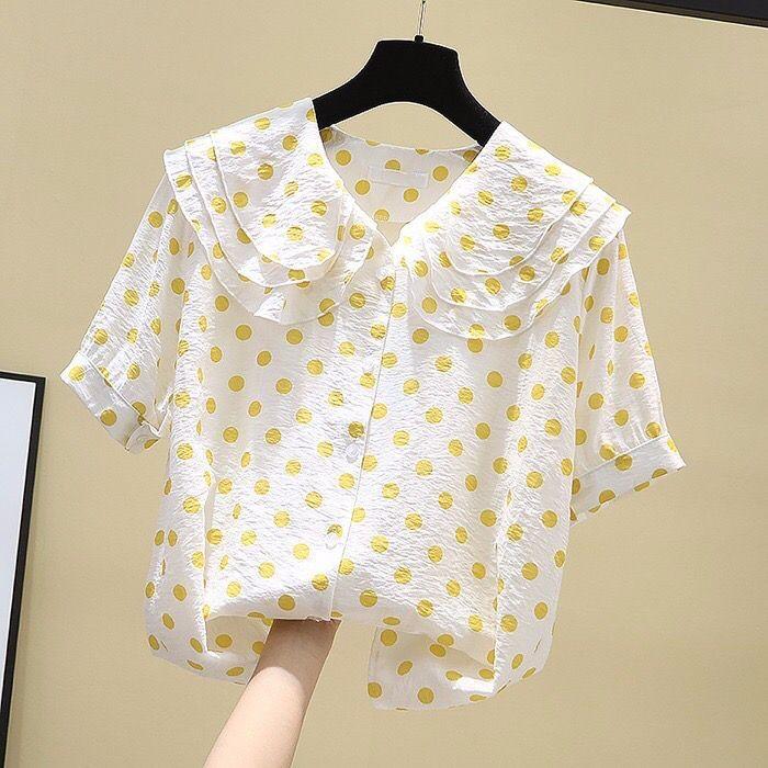 

Летняя новая рубашка в горошек с кукольным воротником для женщин, рубашка с коротким рукавом, топ S