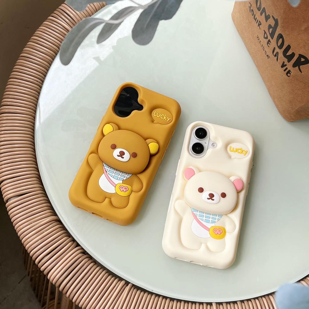 Applicable to iphone16 hot-selling cute cartoon bracket 3D three-dimensional silicone easy backpack bear anti-drop soft phone case