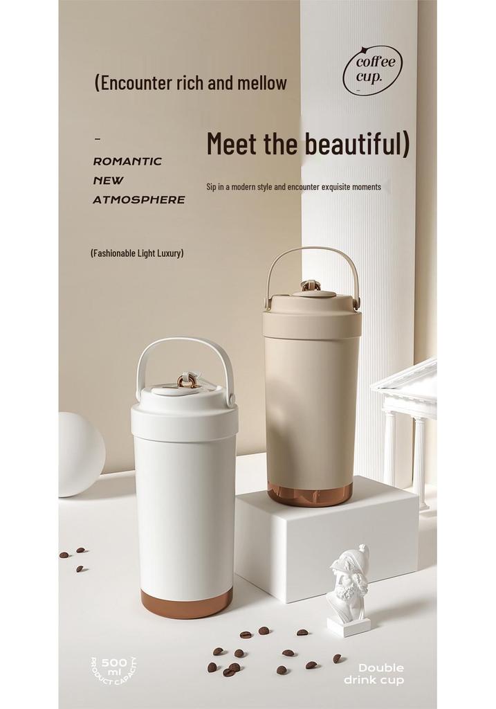 316 Ceramic Liner Thermos Cup for Female Students - Portable Travel Coffee Cup with Double Drink and Straw.