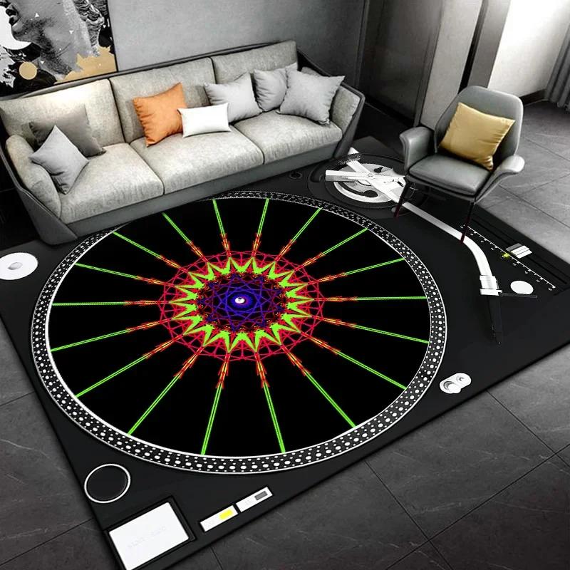Living Room, Bedroom, Office,Black Carpet, Retro Disc Player Vinyl Records Pattern Carpet, Stain-resistant Carpet, Fast Delivery