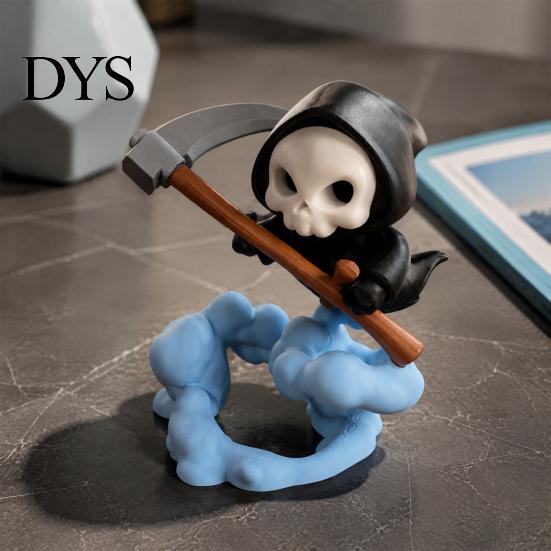 Cute Grim Reaper Figure 3D Printed Figurine with Cloud Base, Environmental Friendly Ornament Skeleton Scythe Statue, Halloween Decorative Collectible