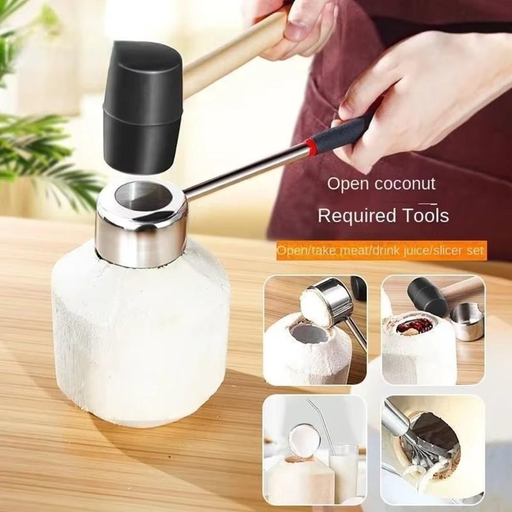 Rubber Hammer Coconut Opener Tools Wooden Handle Coconut Puncher Hand Hole Puncher  Fruit Opening