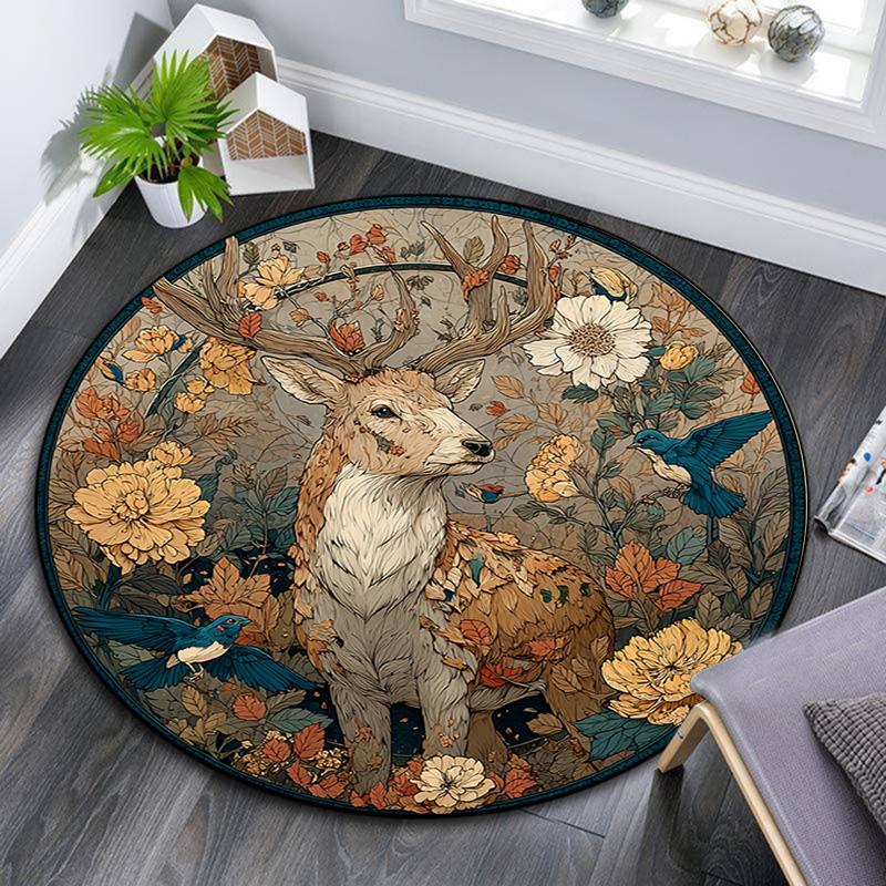 Deer in the Garden Round Area Rug,Carpet Rug for Living Room Bedroom Sofa Playroom Decor,Non-slip Floor Mat