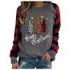 Women's Fashion Plaid Patchwork Christmas Print Round Neck Long Sleeve T-Shirt Top