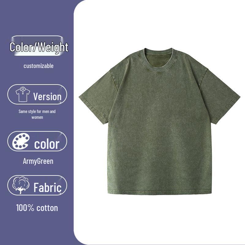 T-shirt Lavata Retrò Fiocco di Neve 230g, Stile Europeo e Americano, Puro Cotone, Vestibilità Larga Girocollo Pullover, T-shirt Uomo Pesante.
