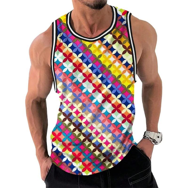 Sommar Rundhalsad 3D Retro Geometrisk Grafisk Tryckt Topp Moderiktig Casual Ärmlös Väst Herr T-shirts