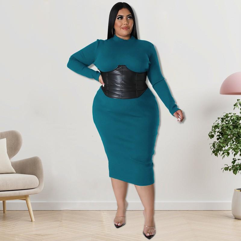 Plus Size Womens Knit Midi Dress With Zipper Detail Double-Layer Collar Long Sleeve Milk Silk Fabric Sweet Fresh Style