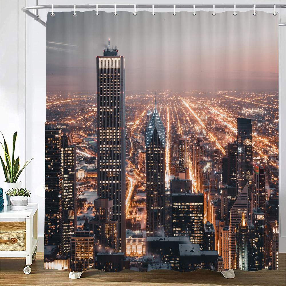 New York London Bridge Shower Curtain Printed Waterproof Fabric Polyester City Scenery Night View Bath Curtain Bathroom Decor