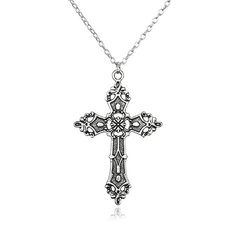 Large Gothic Cross Drill Pendant Jewelry Necklace Silver Color Red Tone Punk Jewellery Fashion Charm Statement Women Gift