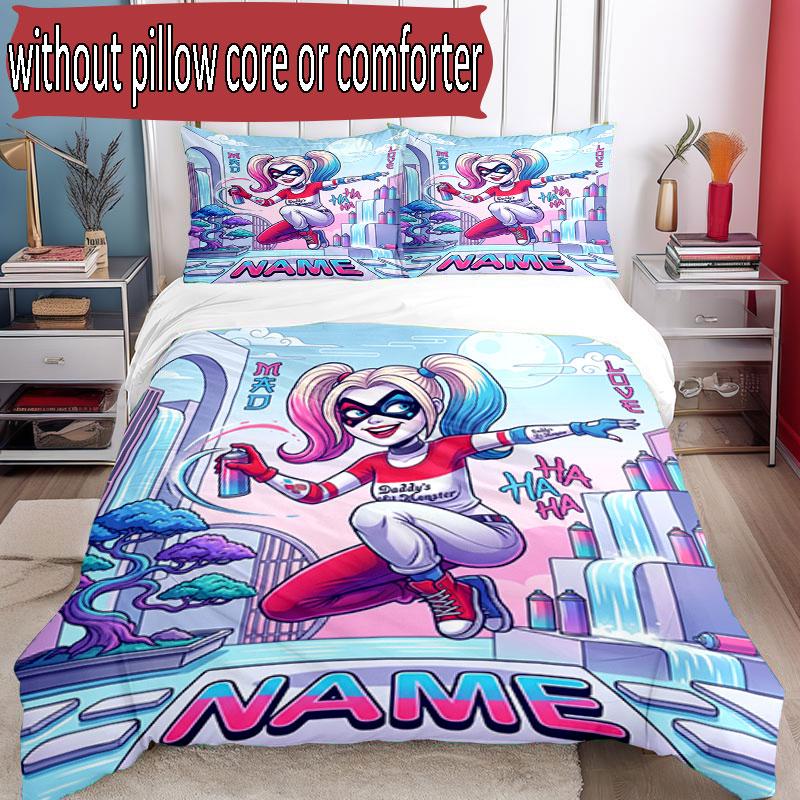 3pcs Duvet Cover Set (1*Duvet Cover + 2*Pillowcase, Without Core), Custom Name Harley Quinn Pattern Bedding Set, Home Bedroom Decor Gift
