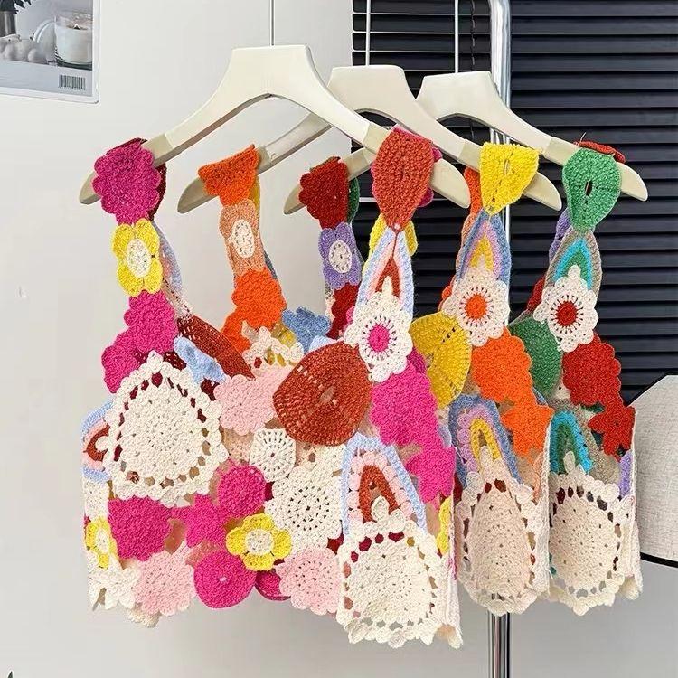 Letní dopaminový dívčí barevný květinový vyšívaný tílkový top pro ženy sladký pletený top