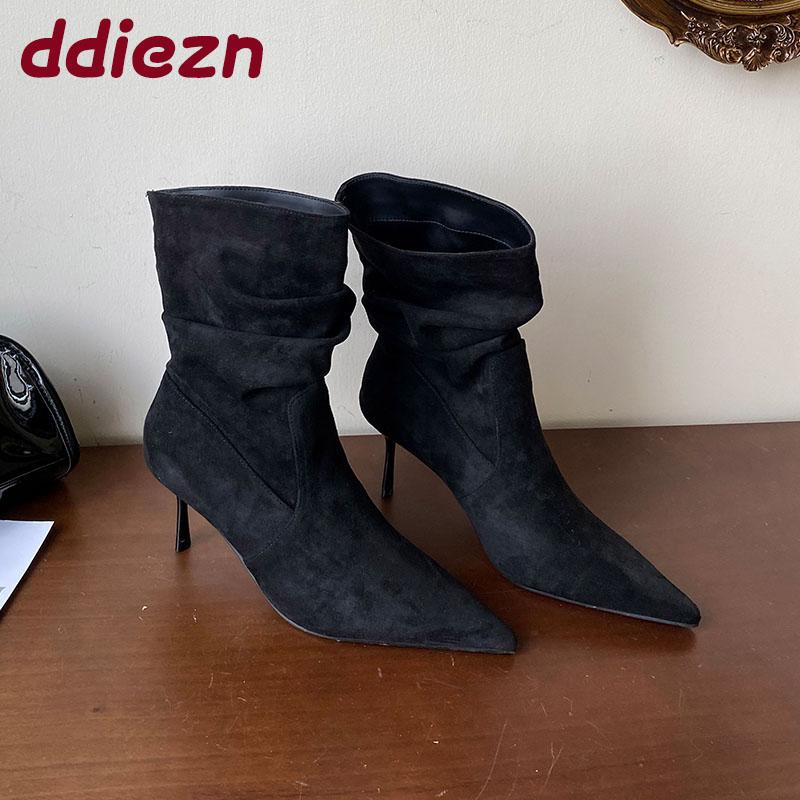 Fashion Elegant Women Ankle Boots With Thin Heels Shoes Pleated Fashion Pointed Toe Ladies Short Modern Boots Female Pumps Shoes lady