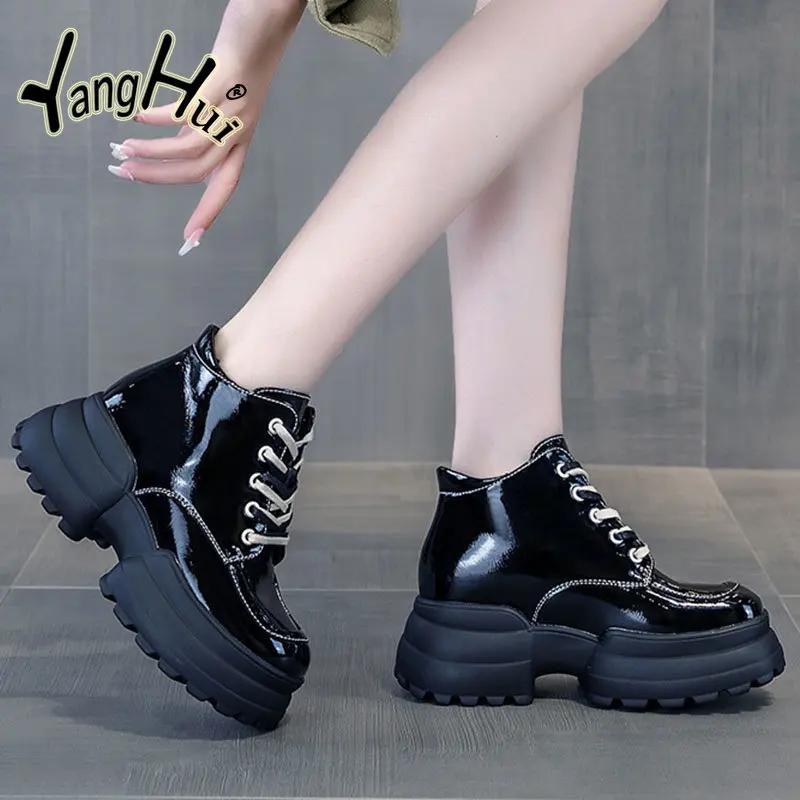 British Style  Boots Women 2024 New Black Pu Wear-resistant Platform Shoes Autumn and Winter Heel Height Med 5cm-8cm