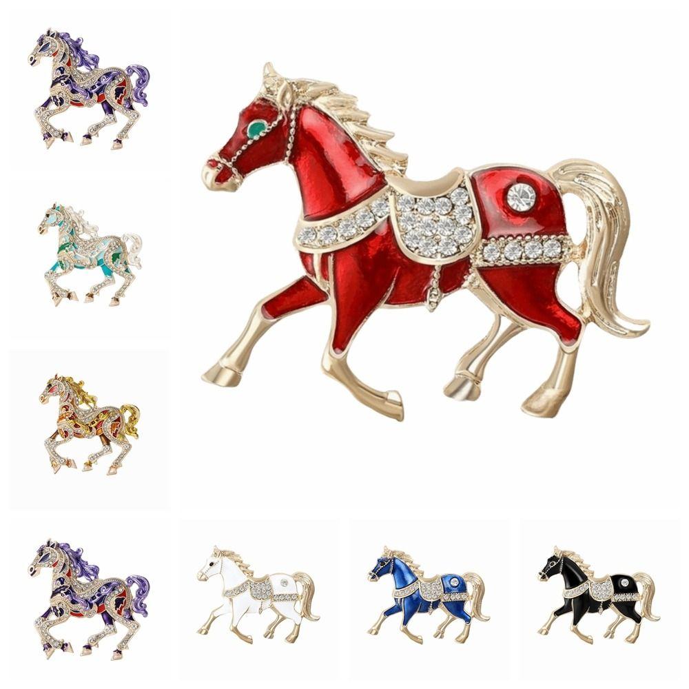 Retro Enamel Rhinestone Horse Brooch Chinese Style Animal Lapel Pins Zodiac Pin  Women Accessories