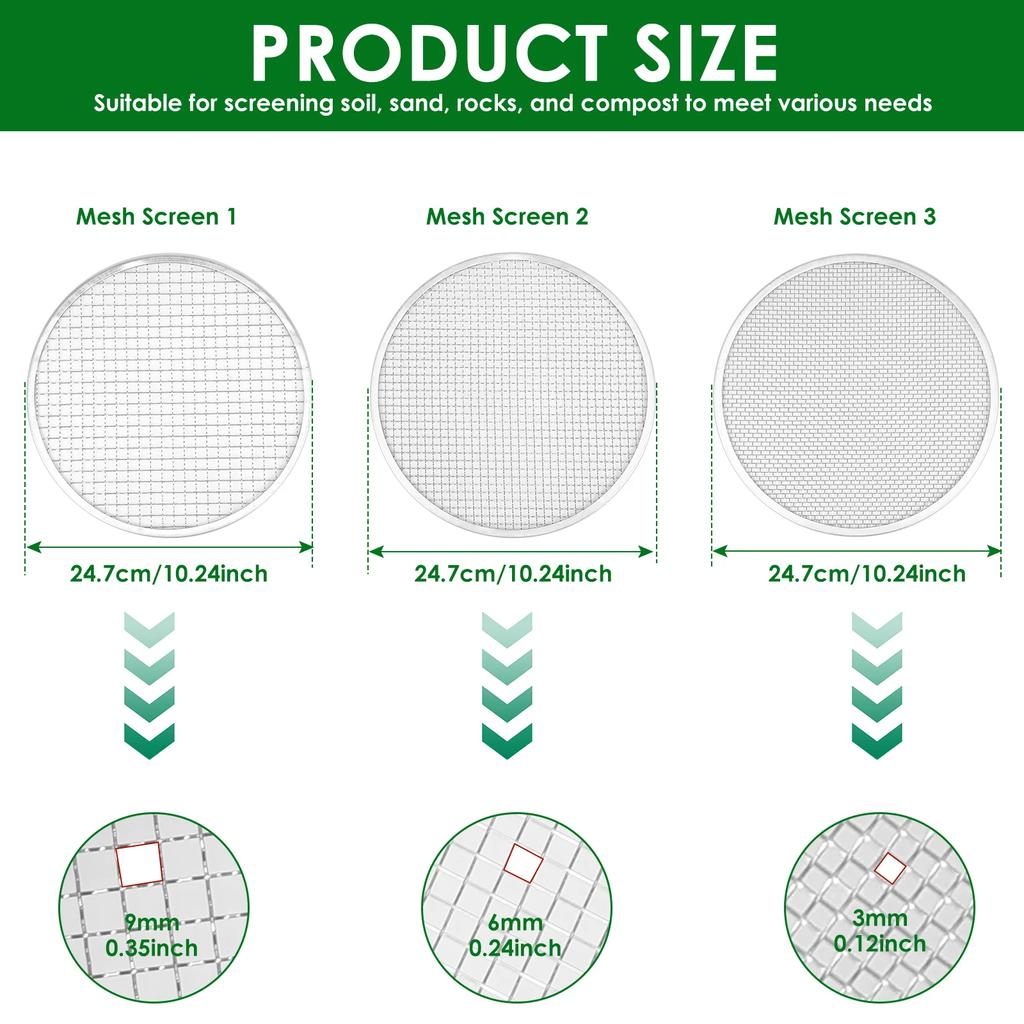 4/6Pcs Soil Sieve Set Stainless Steel Garden Soil Sieve with 3/6/9mm Filter Mesh Rust Resistant Compost Sifter Garden Accessory