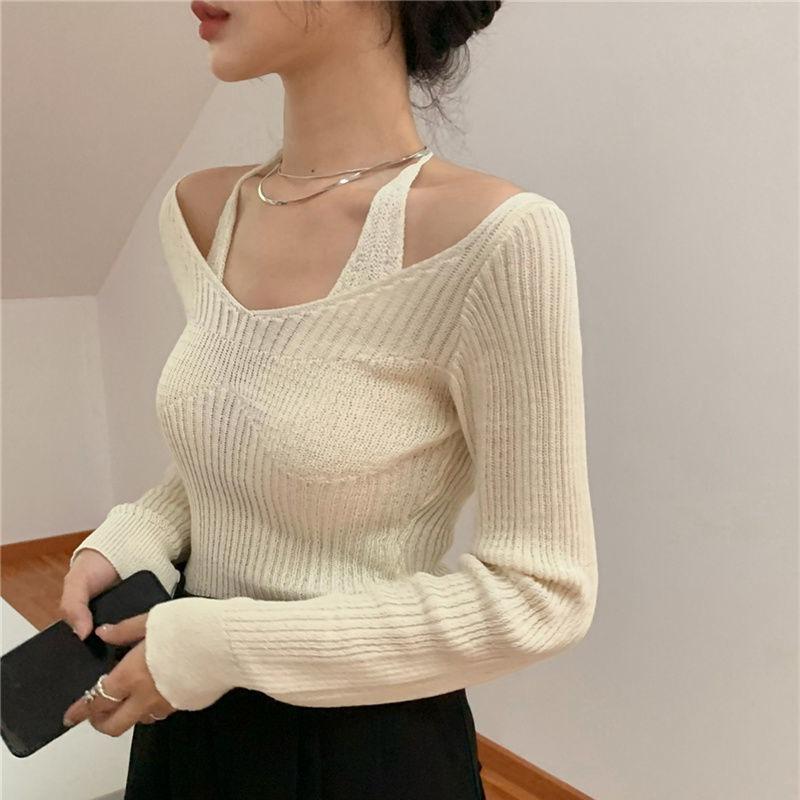Spring Long Sleeve Slim V Neck Fake Two Piece Knit Top Women Sexy Base Layer Thin Sweater