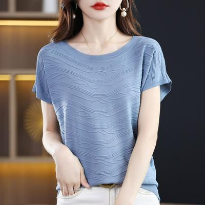 Ice Silk Curved Bead Knitted Short-sleeved T-shirt Women's Summer Thin Round Neck Half-sleeved Wavy Drape with Skirt Top