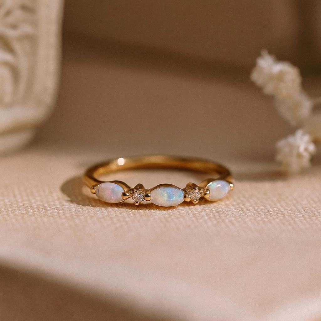 Opal Marquise Band Ring, Yellow Gold Plated 925 Sterling Silver, Dainty Stacking Bridal Jewelry, Anniversary Gift for Her
