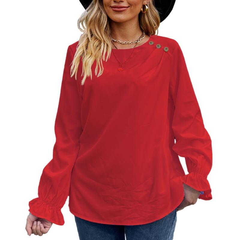 BITCED Women's Fashion Casual Solid Color Print Long Sleeve O Neck Blouses & Shirts