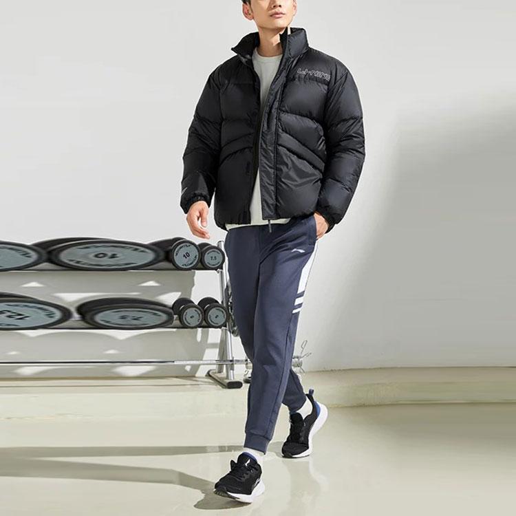 Li Ning Sports Basketball Series Logo Print Loose Windproof Warm Stand Collar Down Jacket Winter Men Outerwear Black AYMR053-3