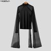 INCERUN Men Turtleneck Long Flare Sleeve Mesh Sheer Transparent Fitted Tops Party Clubwear T-shirts