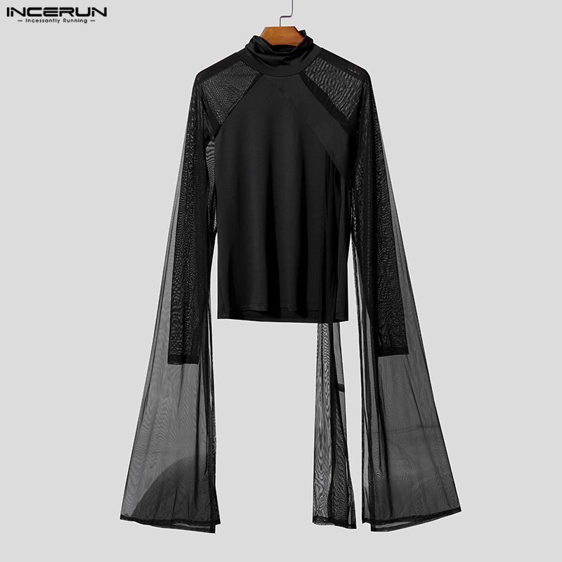 INCERUN Men Turtleneck Long Flare Sleeve Mesh Sheer Transparent Fitted Tops Party Clubwear T-shirts