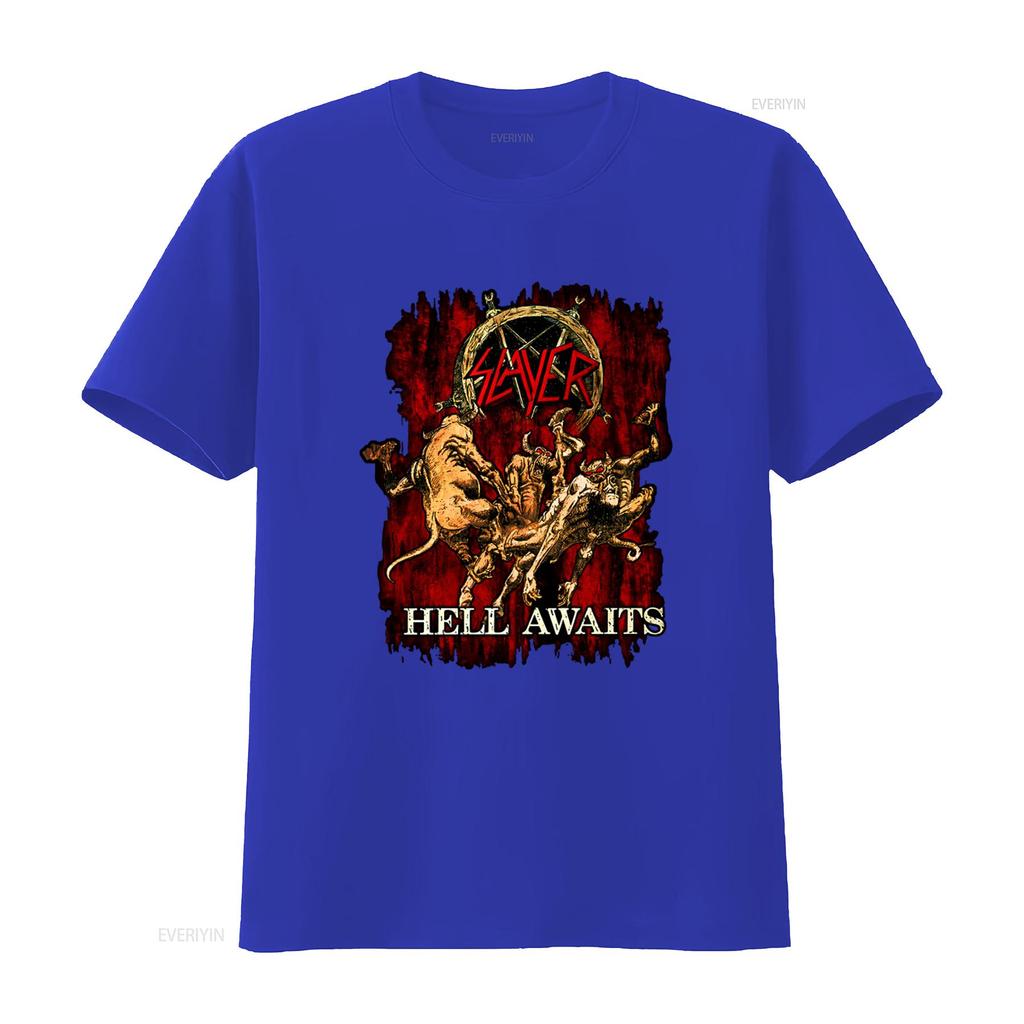 SLAYER Hell Awaits T Shirt Heavy Metal Band Design for Rock Fans Vintage Washed Designer Clothes Slightly Streetwear Homme
