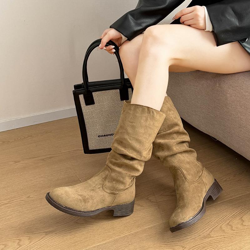 2025 new British suede round head thick heel stacking boots cowboy boots fashion knight boots thin boots women's foreign trade