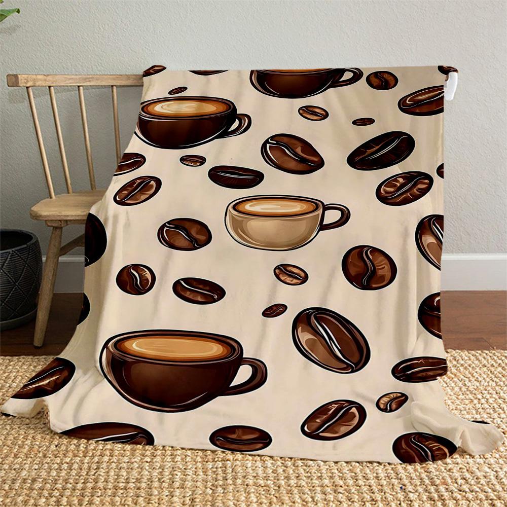 1pc Coffee Beans Coffee Cups Outdoor Flannel Blanket Soft Warm All-Season Throw for Sofa Bed Car Camping Office, Cozy Gift Idea1253S