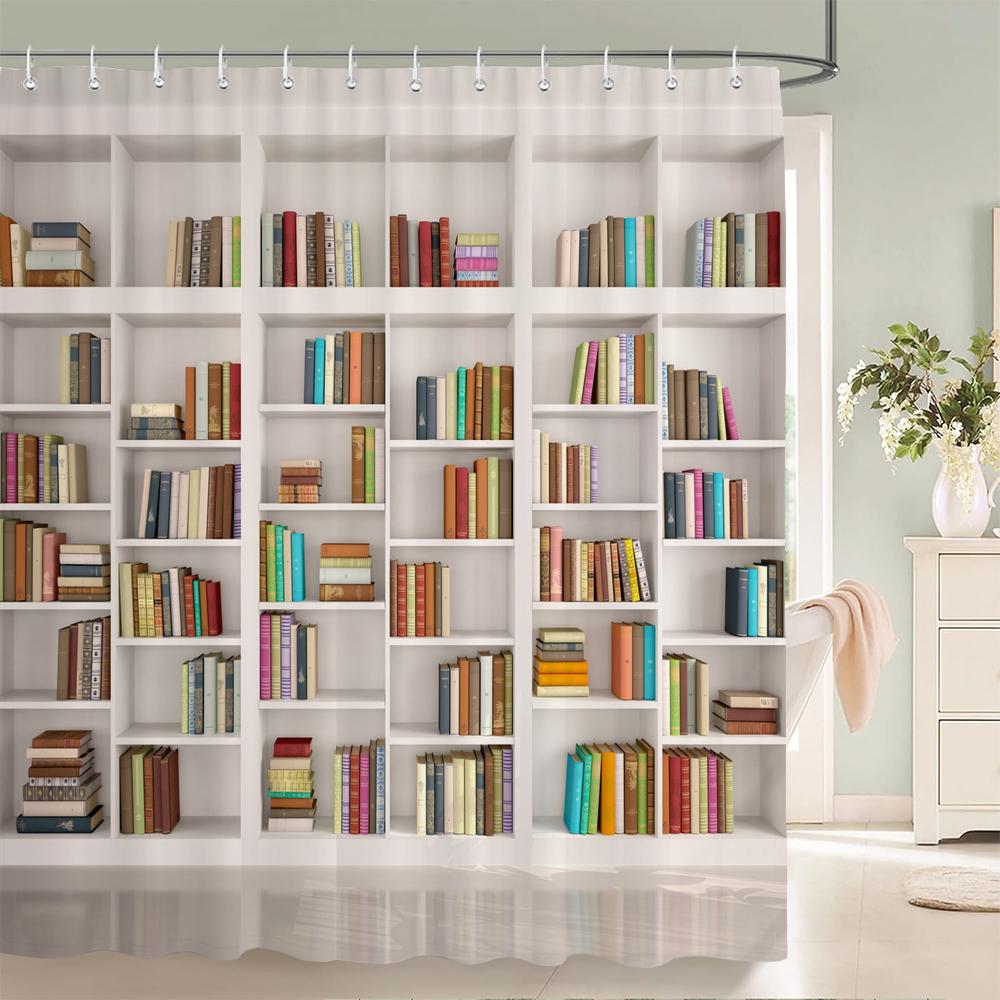 

3D Printed Bathroom Curtains Nordic Retro Style Bookshelf Shower Curtain With Hook Home Decoration Waterproof Fabric Bath Screen W60H190(CM)-1 Pcs