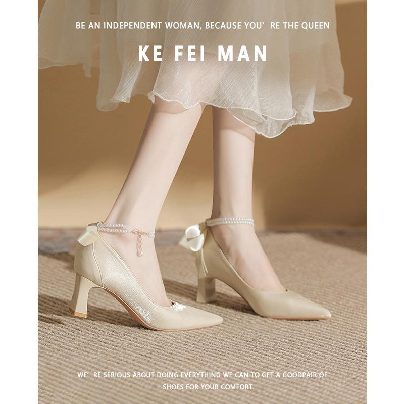 

French wedding shoes thick heel pointed high heels women s 2024 summer new single shoes Xiuhe wedding dress two wear bridal shoes 34 шампанского