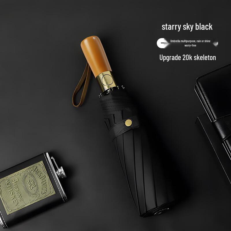 Yudu Light Luxury Wood Handle Folding Umbrella, Black (2-Pack)