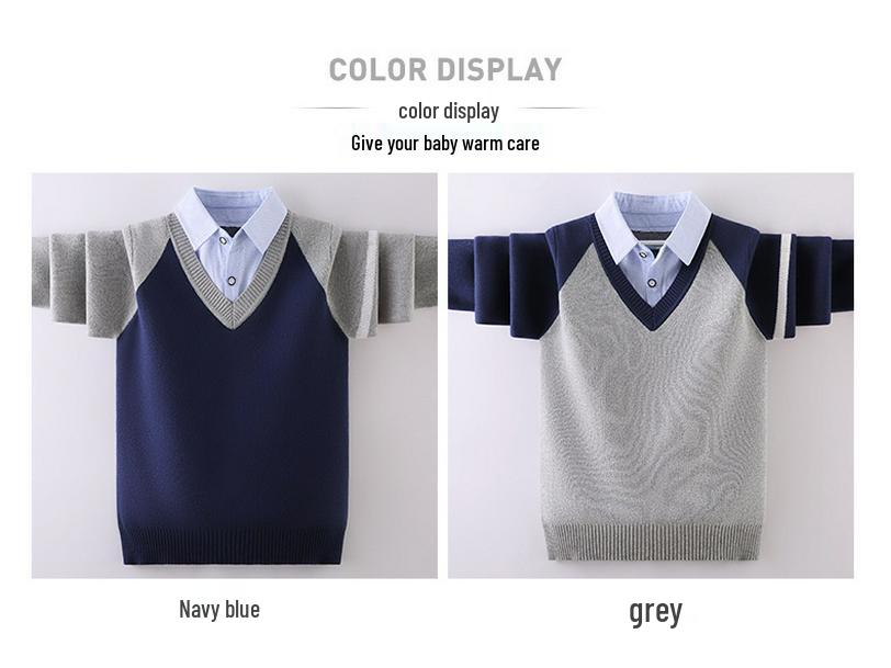Jungen Strickpullover mit Fleecefutter: Dickes Fake-Zweiteiler-Design für Frühling/Herbst/Winter