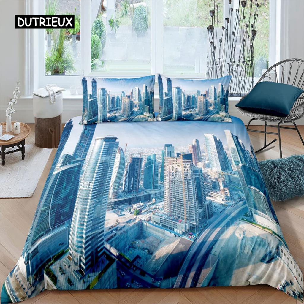 Cityscape Duvet Cover Set New York City Night View Quilt Cover for Boys Adults Microfiber Building Bedding Set 2/3Pcs King Size