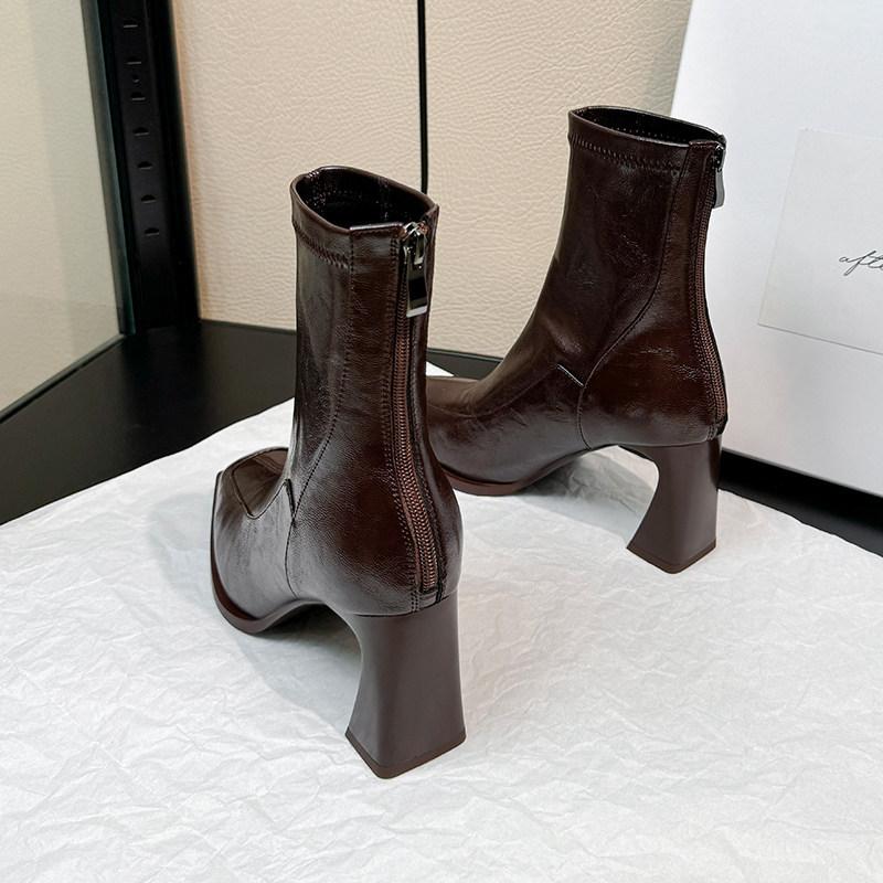 French Retro Square Head High-Heeled Elastic Thin Boots Women'S Zipper Thick Heel After Autumn And Winter