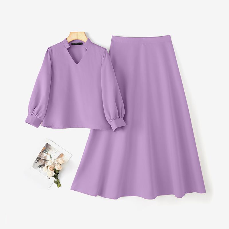 

ZANZEA Женская блузка с рукавом 3/4 и юбки Летние костюмы-двойки 5XL фиолетовый