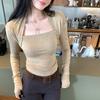 Women's European Tencel Wool Square Neck Long Sleeve Slim Fit Top - Autumn/Winter 2025