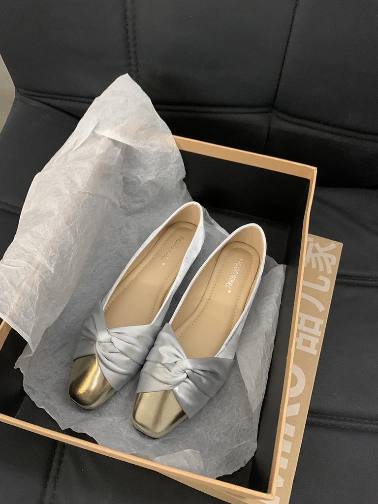 Fashion Elegant Silk Bowknot Flats Woman Gold Pointed Toe Ballets Office Ladies Dress Slip On Loafers Shallow Bridesmaide Wedding Shoes