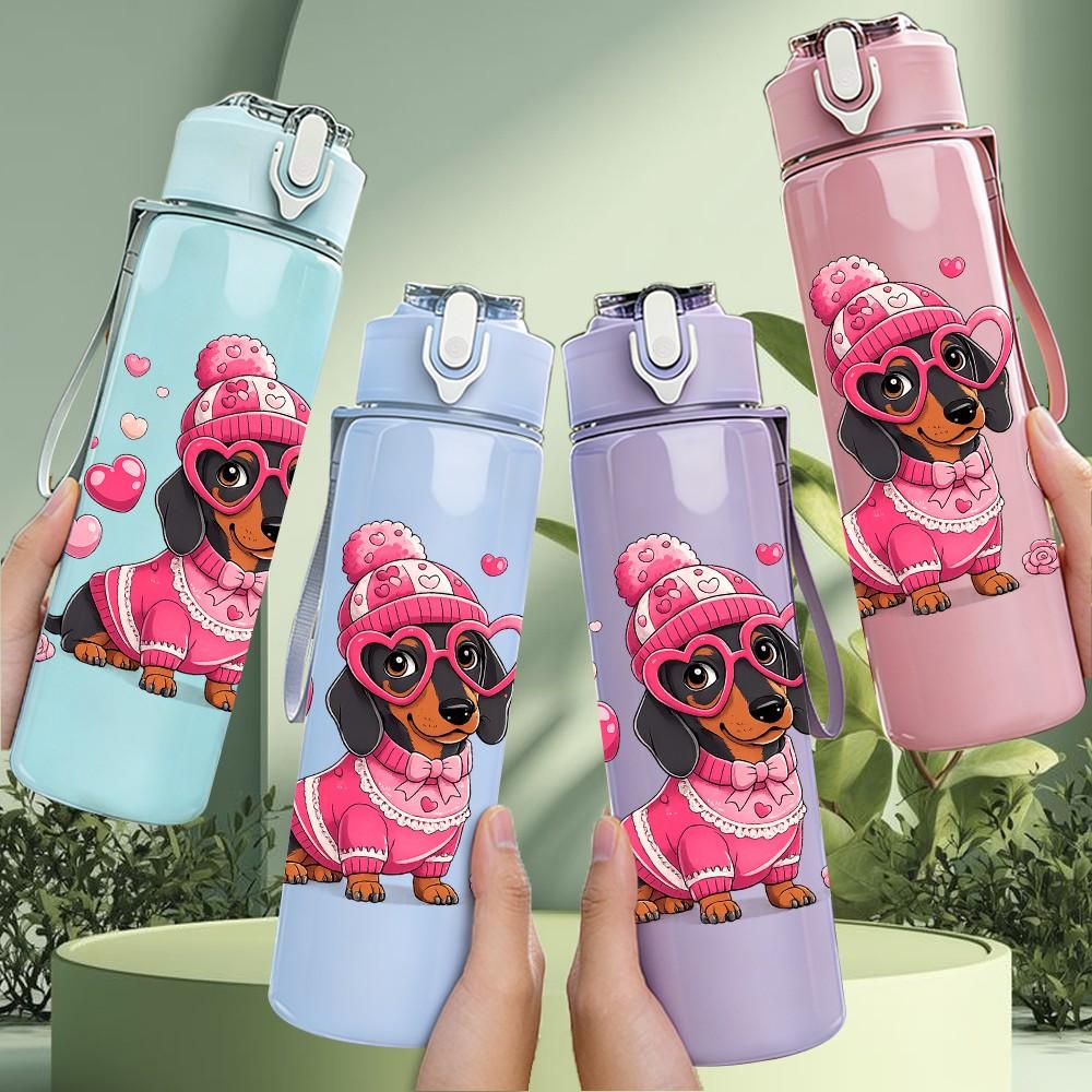 1PC Dachshund Dog With Pink Bow Print 750ml Color Plastic Sports Water Bottle Leakproof Flip Straw Lid Suitable for Sports Office Home Use
