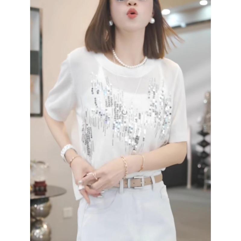 

women round neck sequin knit top short sleeve casual t shirt onesize білий