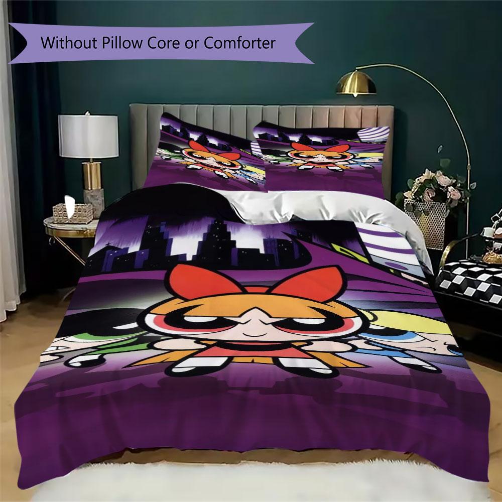 Cartoon Powerpuff Girls print children's duvet cover set, soft and skin-friendly, available in multiple sizes, bedroom bedding.