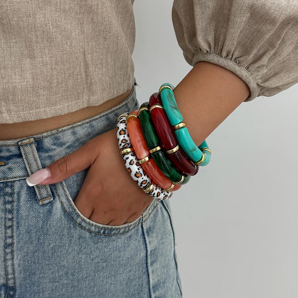 Vintage Stackable Acrylic Bracelets for Women Bohemian Round Retro Tube Beaded Bracelet Bangles Leopard Resin Elastic Bangle  Jewelry Gift