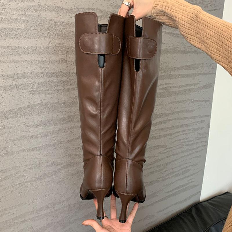 Fashion New Footwear Designer Slip On Long Booties Shoes For Women Fashion Round Toe Ladies Knee High Modern Boots Female Heels Shoes